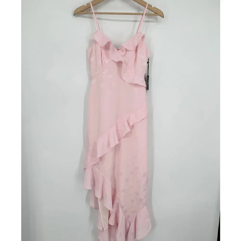 Japna Ruffle Midi Dress Satin Floral Jacquard Cottagecore Y2k Asymmetric Pink - Picture 2 of 9